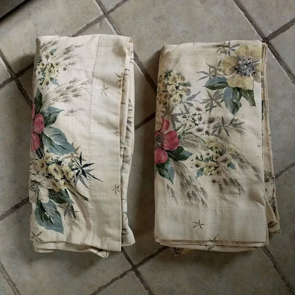 2 Vtg Imperfect Curtain Panel Yellow Pink Floral FrenchCountry Crafters Upcycle